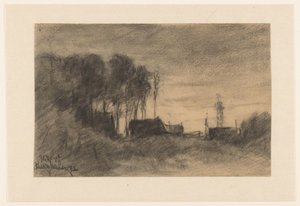 Groep huizen en bomen bij Hooghalen, Avondstemming door Johannes Gijsbert Vogel