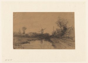 Molen aan het water bij Kortenhoef door Johannes Gijsbert Vogel