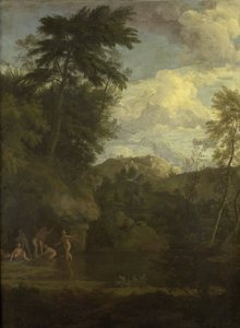 Arcadisch landschap met badende Diana door Johannes Glauber