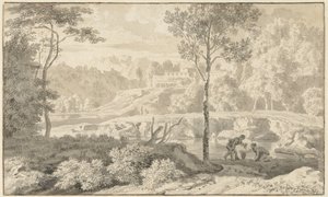 Arcadisch landschap met figuren bij een meer