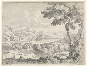 Heuvelachtig landschap met herders door Johannes Glauber