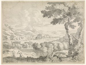 Heuvelachtig landschap met herders door Johannes Glauber
