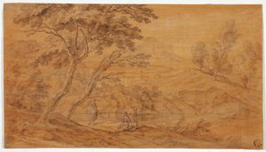 Landschap met figuren bij een beek