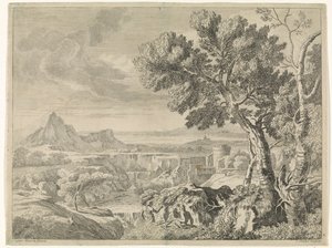 Landschap met ravijn en waterval door Johannes Glauber
