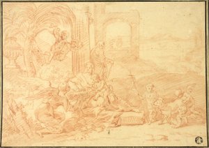 De Heilige Familie met Johannes de Doper en engelen