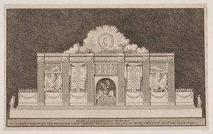 Facade van de Illuminatie Decoratie die Banqven in Kopenhagen bij de Beurs heeft opgericht ter gelegenheid van de lijkstoet van Zijne Majesteit Koning Frederik V door Johannes Gottfred Bradt