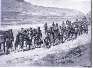 Een batterij veldkanonnen op weg naar Ichon, illustratie uit Cassells History of the Russo-Japanese War Vol 1, ca. 1900