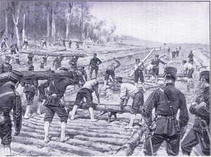 Japanse ingenieurs bouwen een houten weg voor troepen, illustratie uit Cassells History of the Russo-Japanese War Vol 1, ca. 1900