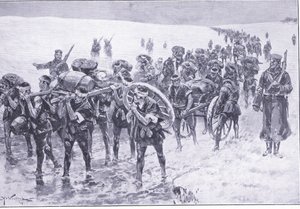 Japanners op mars. Mannen in plaats van pakpaarden, illustratie uit Cassells History of the Russo-Japanese War Vol 1, ca. 1900