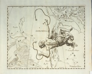 Boreale constellatie van Andromeda, gravure uit de sterrenatlas Firmamentum Sobiescianum sive Uronographia, door Johann Hevelius, Gdansk