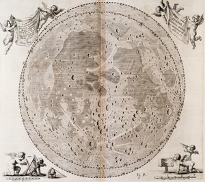 Eerste gedetailleerde kaart van de Maan getekend in 1647 door Johann Hevelius, afdruk uit Johann Hevelius