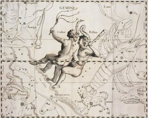 Het sterrenbeeld Tweelingen, illustratie uit Firmamentum Sobiescianum sive Uranographia, door Johann Hevelius (1611-1687), Gdansk 1690