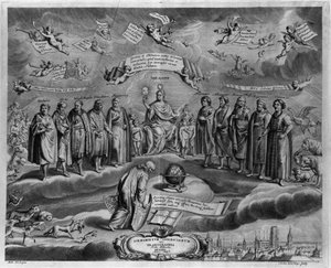 De beroemde astronomen. Onder hen, van links naar rechts: Walterus (?), Tycho Brahe (1546-1601), Ulugh Beg (1394-1449), Timocharis van Alexandrië (ca. 320-260 v.Chr.) door Johannes Hevelius