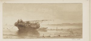 Schip met gestreken zeil op een rivier