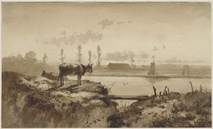 Rivierlandschap met koe door Johannes Hubertus Leonardus de Haas