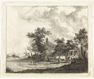 Paard en wagen voor een huis