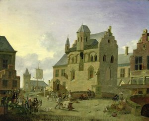 Stadsplein met figuren en boeren die op een markt handelen door Johannes Huibert Prins