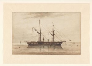 Zeilschip voor anker in kalm water door Johannes Huygens (signed by artist)