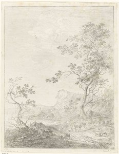 Bergachtig landschap met herder en vee op pad door Johannes Janson