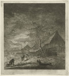 Nachtlandschap met boerderij en schaatsers door Johannes Janson