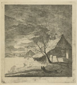 Nachtlandschap met boerderij en schaatsers door Johannes Janson