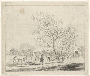Winterlandschap met koeien en schaatsers (December) (De twaalf maanden) (De gecouleurde Teekeningen van de 12 Maanden) door Johannes Janson