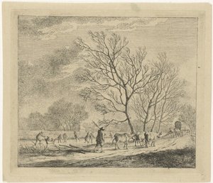 Winterlandschap met koeien en schaatsers door Johannes Janson