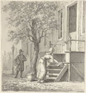Een dienstmeid die een trap voor een huis schoonmaakt