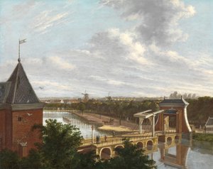 De Amsterdamse Buitengracht bij de Leidsepoort gezien vanaf het theater De Buitengracht van Amsterdam, met de Leidse Poort, gezien vanaf de Stadsschouwburg door Johannes Jelgerhuis