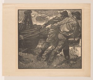 Arbeiders met touwen op oever door Johannes Josephus Aarts