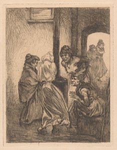 Vier vrouwen bijeen gedoken om een kachel door Johannes Josephus Aarts