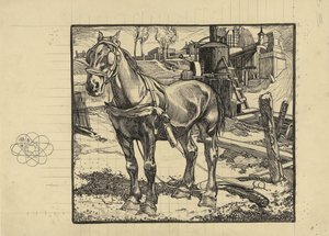 Werkpaard, bij een heimachine rustend door Johannes Josephus Aarts