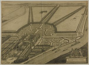 Hampton Court, plaat zes uit Britannia Illustrata door Johannes Kip