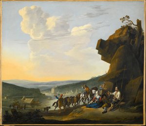 Duits: Südliche Landschaft mit Fähre Zuidelijk landschap met uitzicht op een baai, met rustende reizigers