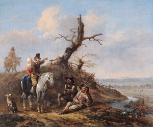 Landschap met reizigers rustend en een paar te paard door Johannes Lingelbach