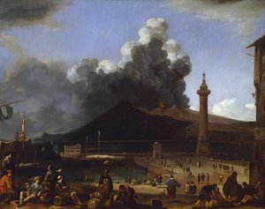 De haven van Napels met uitbarstende Vesuvius