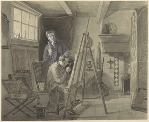 Zelfportret van Johannes Marius van Kate, staande in zijn atelier met een bezoeker