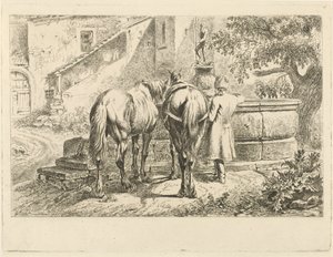 Drinkende paarden bij een fontein door Johannes Mock