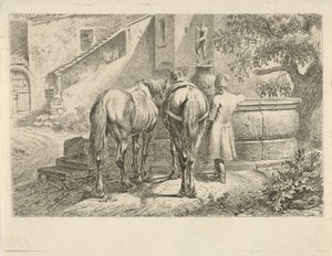 Drinkende paarden bij een fontein