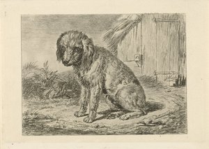 Zittende hond bij een schuur door Johannes Mock