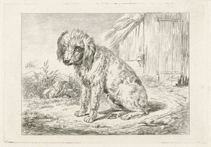 Zittende hond bij een schuur door Johannes Mock
