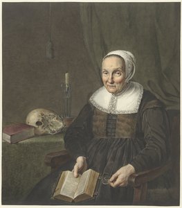 Portret van een Zittende Oude Vrouw met Opengeslagen Boek door Johannes Pieter de Frey