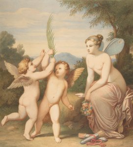 Eros en Anteros met Psyche die naar hen kijkt door Johannes Riepenhausen