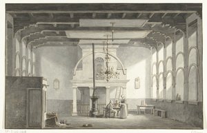 De zaal in de Kloveniersdoelen te Dordrecht waar de Nationale Synode in de jaren 1618-1619 gehouden is, 1836