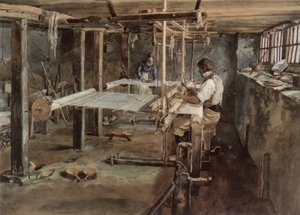 Appenzeller weverspaar aan het werk aan het handweefgetouw, circa 1830