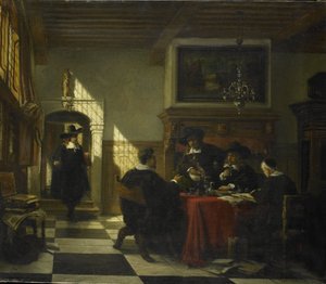 Gezelschap in 17e-eeuwse dracht bij een tafel waarop een Nautilusbeker