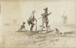 Jagers met honden in een landschap met een molen