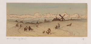 Landschap in de duinstreek met jagers en honden door Johannes Tavenraat