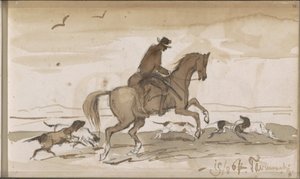 Landschap met een ruiter en rennende honden