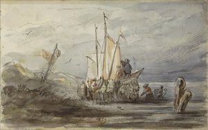 Paard en wagen aan een oever bij een zeilschip